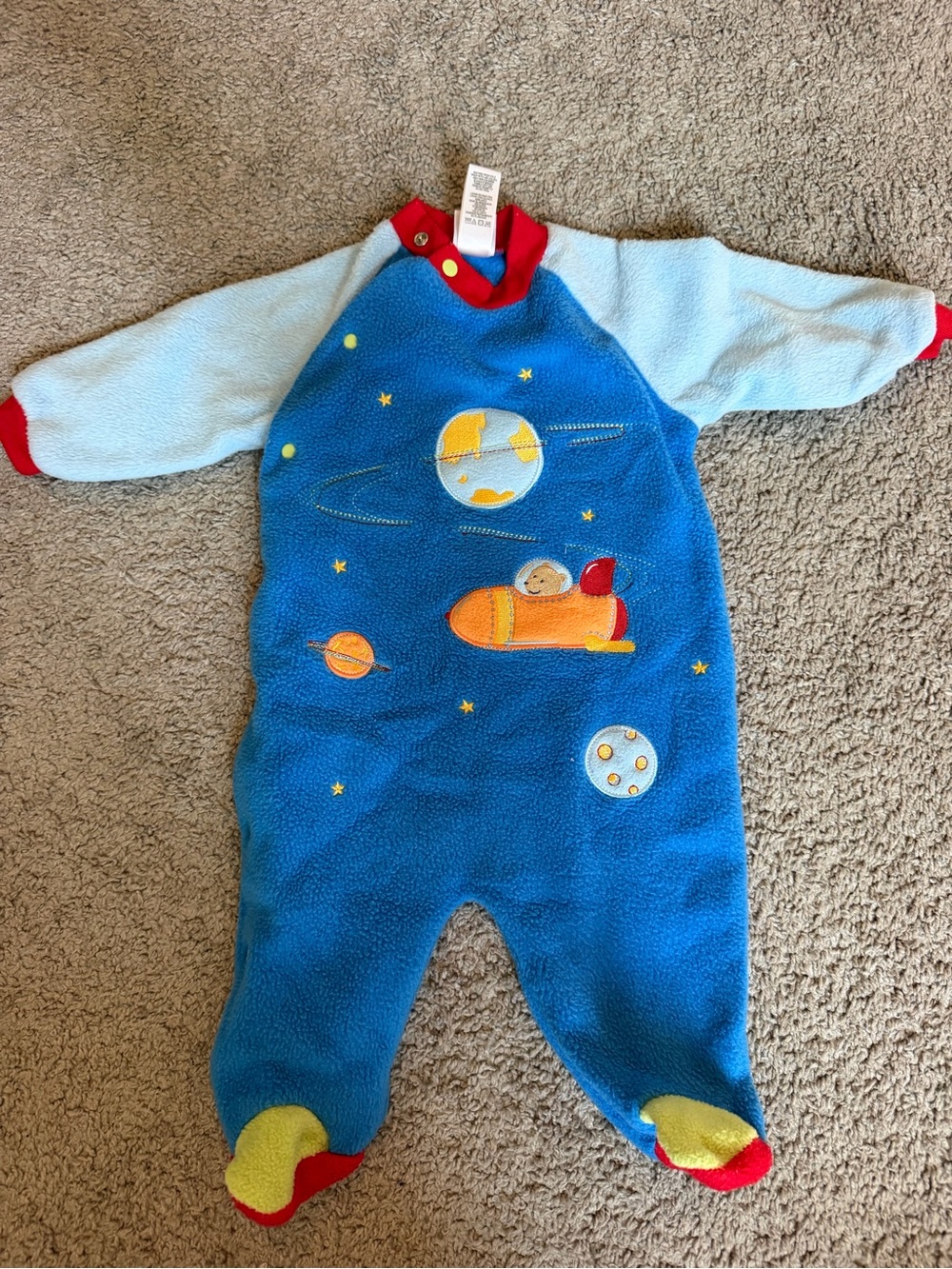 Little Me Blue and Light Blue Space Fleece One-Piece with Red Trim